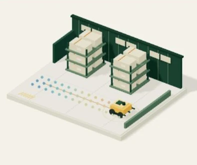 An amber robot moves through a miniature warehouse, collecting magnetic samples along its route.