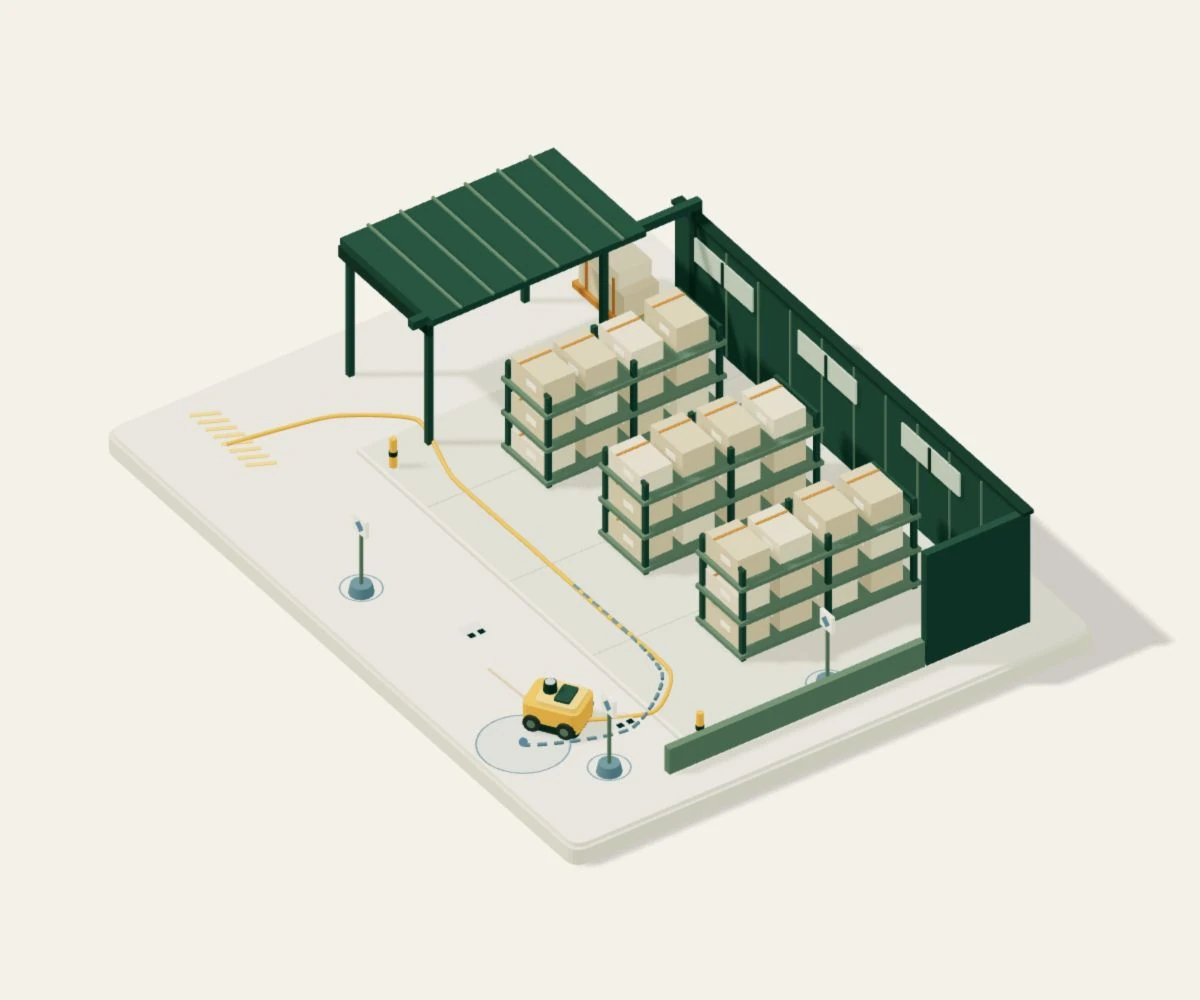 The robot rounds a bend along a solid amber actual path. A dashed gray-blue estimated path diverges from it. Fixed beacons, reflector panels, and floor markers appear around the warehouse.